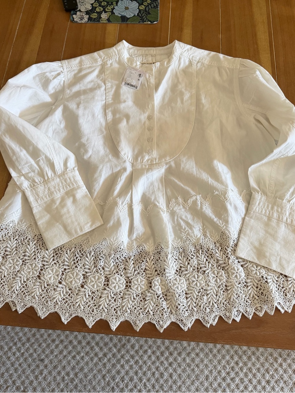 Free People White Embroidered Top Button Up 1/4 Ivory Lightweight NWT XS